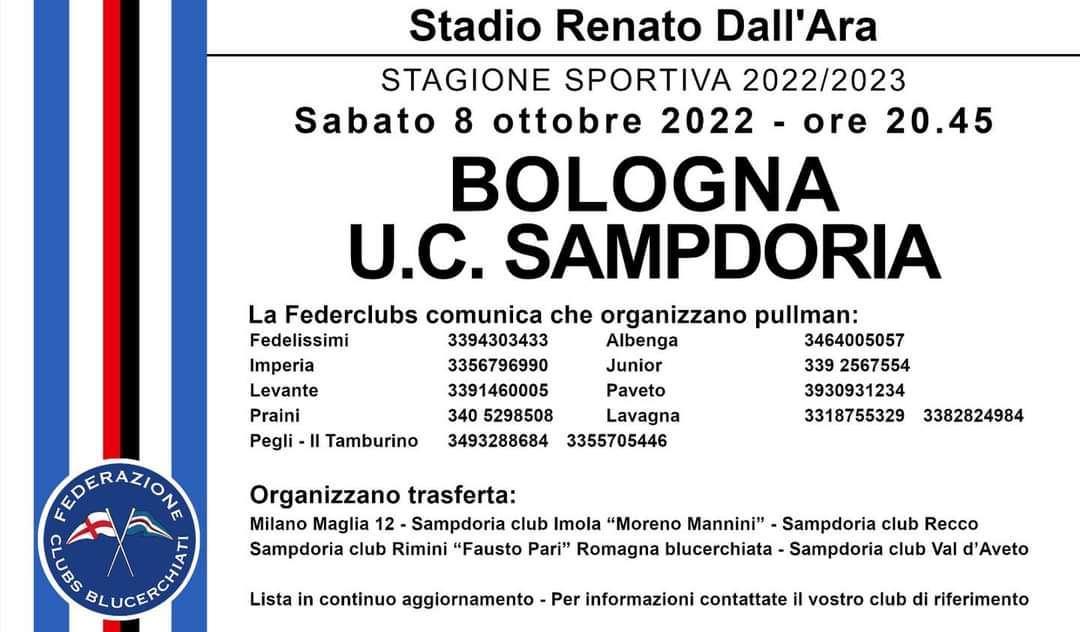 Federclubs, i pullman per seguire la Sampdoria a Bologna