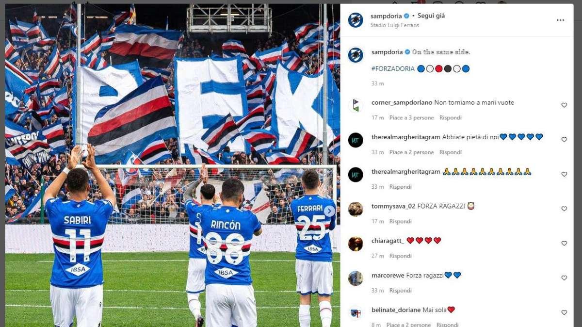 Sampdoria celebra su social rapporto con tifosi: "Dalla stessa parte"