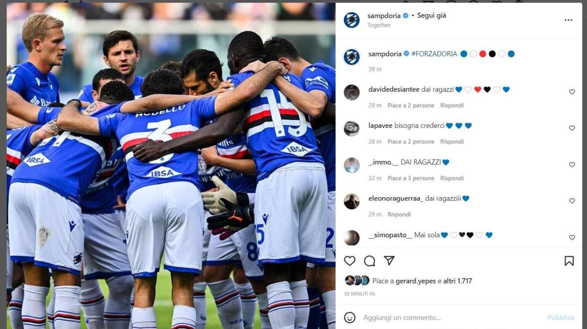 Incoraggiamento Sampdoria sui social verso la Lazio: "#FORZADORIA"