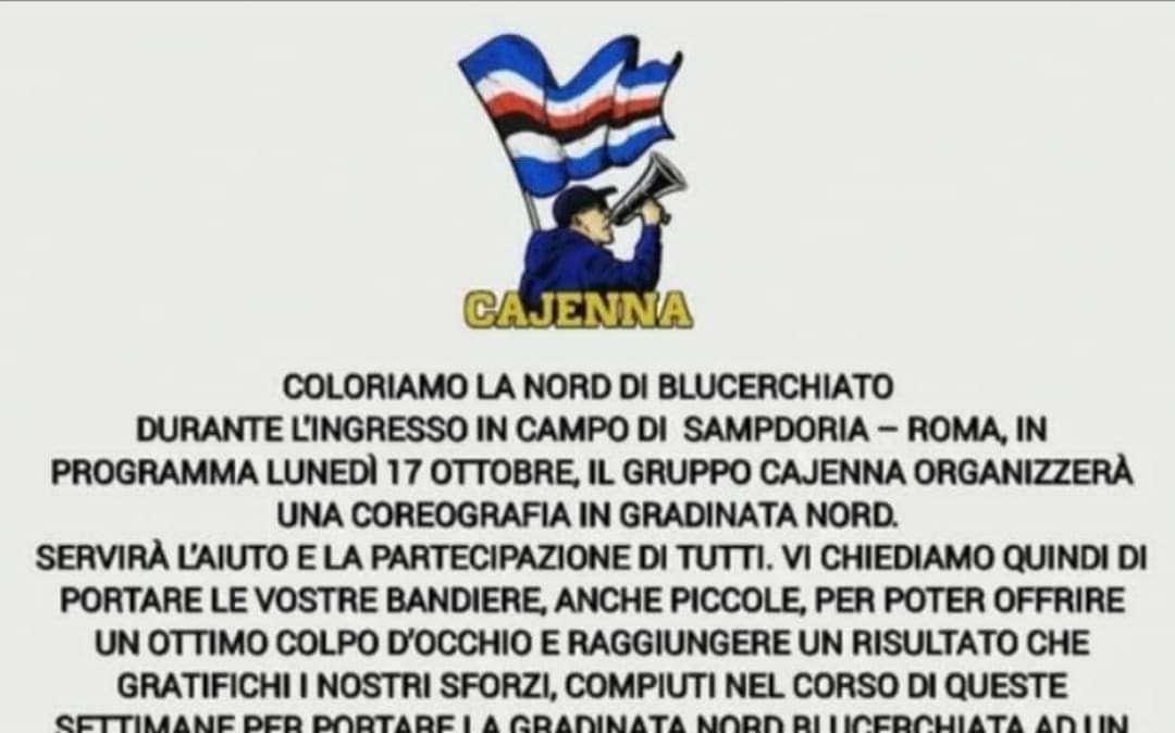 Sampdoria - Roma, comunicata coreografia in Gradinata Nord