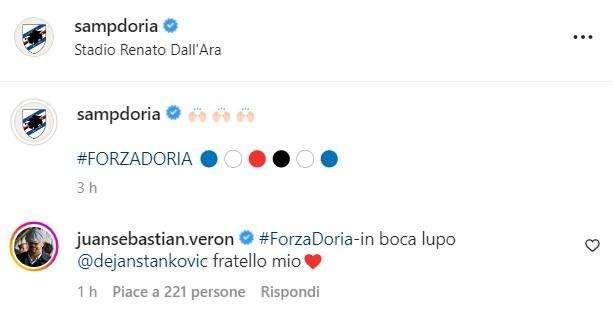 Ex Sampdoria Veron a Stankovic: "Forza Doria. In bocca al lupo fratello mio"