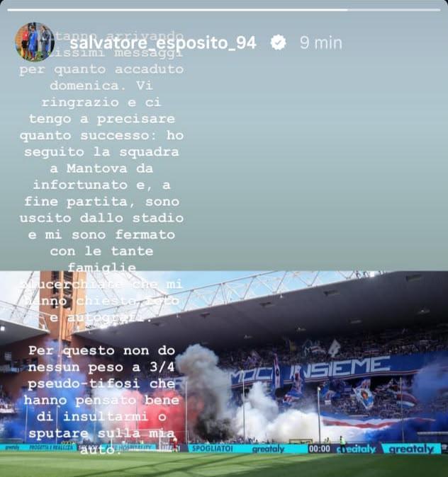 Sampdoria, Esposito: "Non do peso a tre-quattro pseudo-tifosi. Mio obiettivo è rientrare prima possibile"