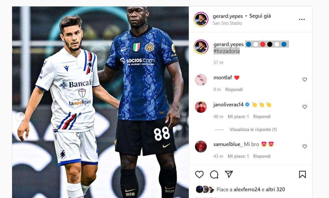 Sampdoria, Yepes celebra il gettone a San Siro: "Forza Doria"
