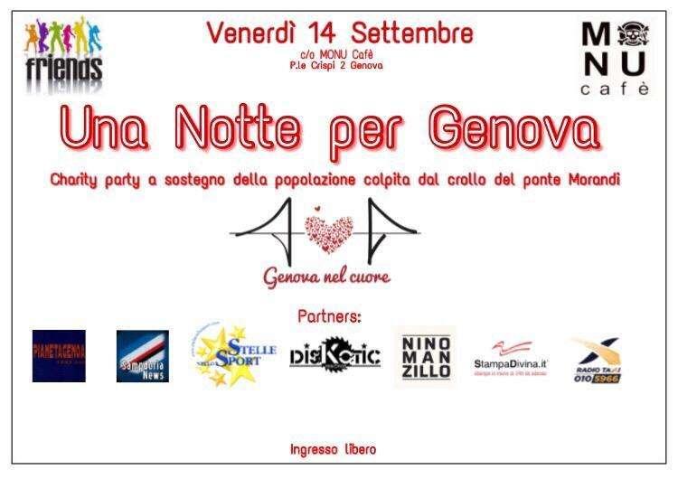 "Una notte per Genova" venerdì 14 al Monu Cafè: il partner Sampdorianews.net vi aspetta numerosi!