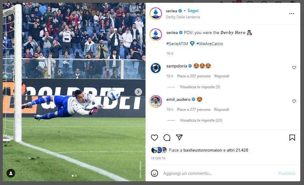 Sampdoria, Lega Serie A celebra rigore parato da Audero: "Sei stato l'eroe del Derby"