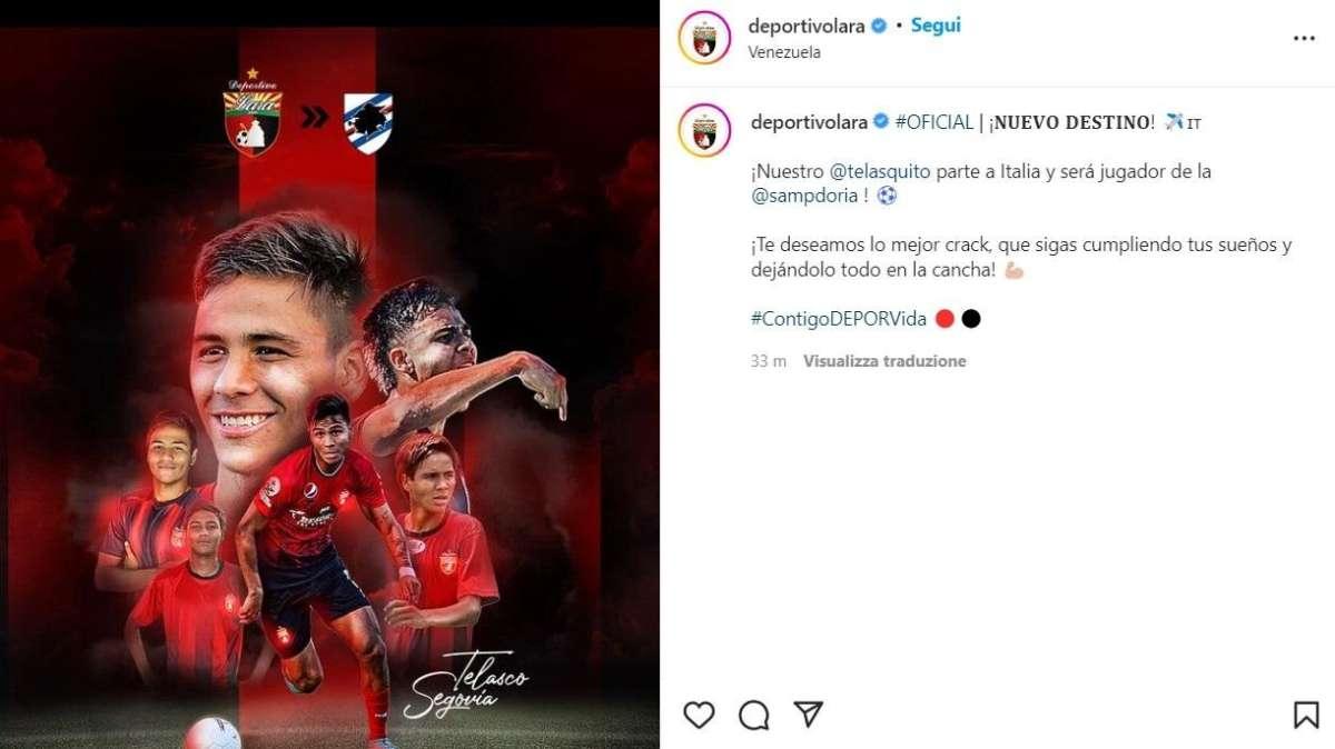 Sampdoria, gli auguri del Deportivo Lara a Segovia: "Il nostro Telasquito va in Italia"
