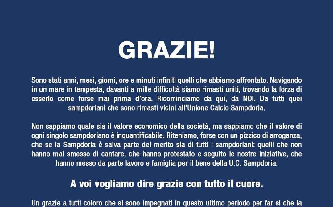 Gruppi della Sud: "Ricominciamo da tutti quei Sampdoriani rimasti vicini all'U.C. Sampdoria"