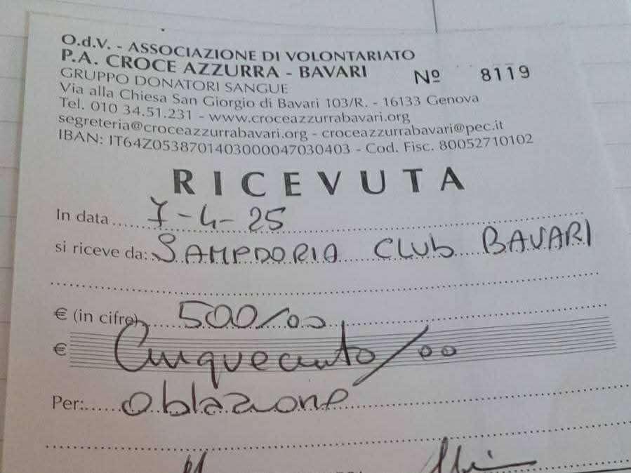 P.A. Croce Azzurra ringrazia il Sampdoria Club Bavari