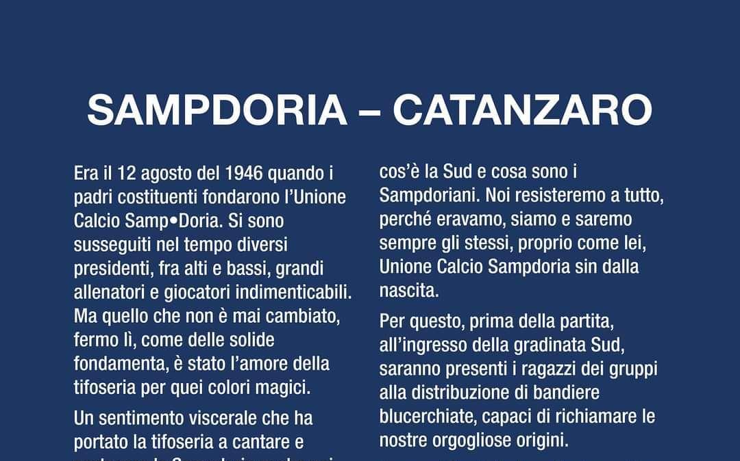 Sampdoria - Catanzaro, l'iniziativa dei gruppi della Gradinata Sud