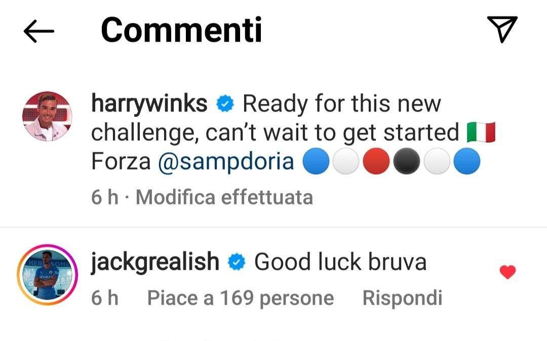 Winks alla Sampdoria, sui social gli auguri di Grealish