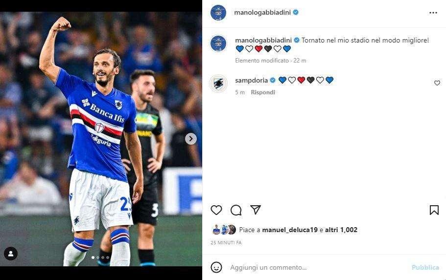 Sampdoria, Gabbiadini: "Tornato nel mio stadio nel modo migliore!"