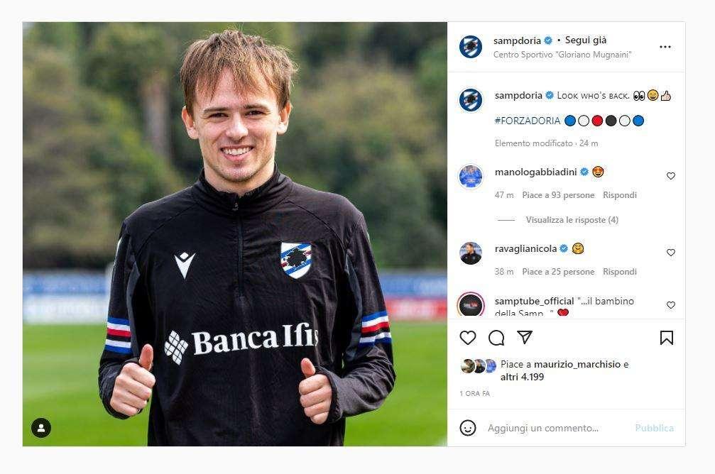 Sampdoria festeggia Damsgaard a Bogliasco: "Guarda chi è tornato"