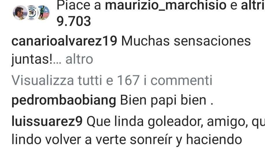 Sampdoria social, Obiang e Suarez si complimentano con Alvarez