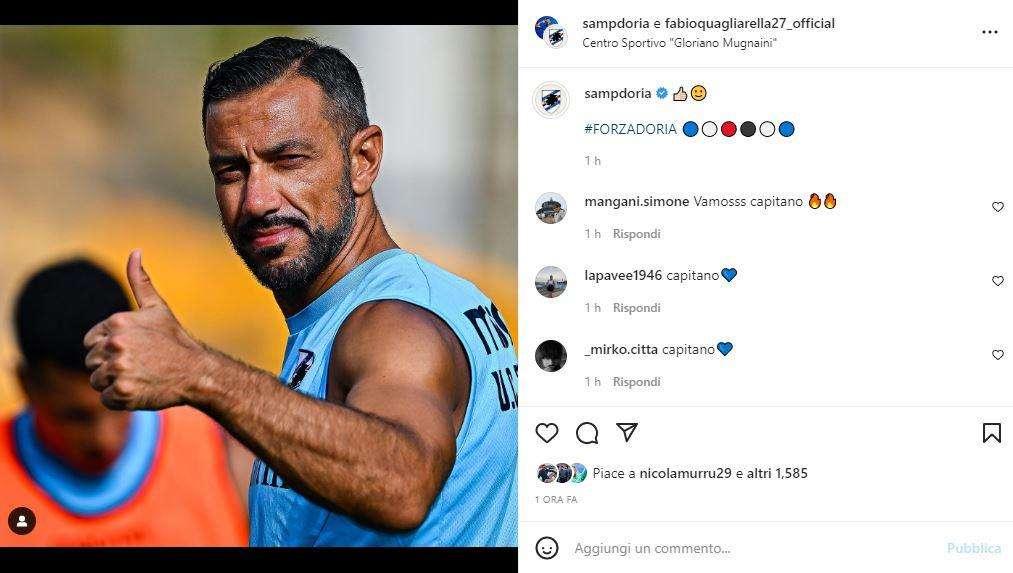 Social Sampdoria, capitan Quagliarella sorride al lavoro a Bogliasco