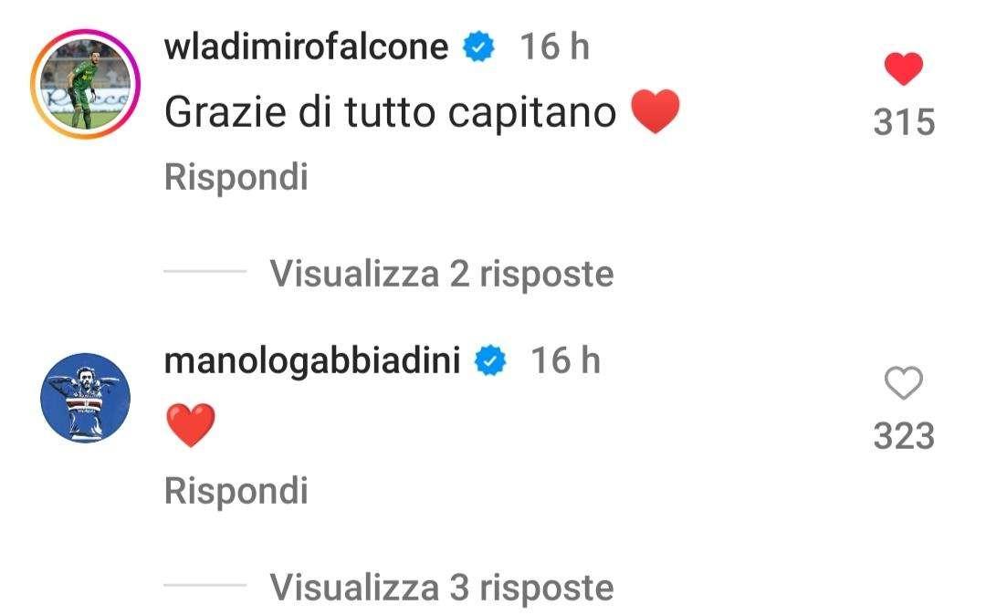 Social Sampdoria, i commenti dei calciatori al saluto di Quagliarella