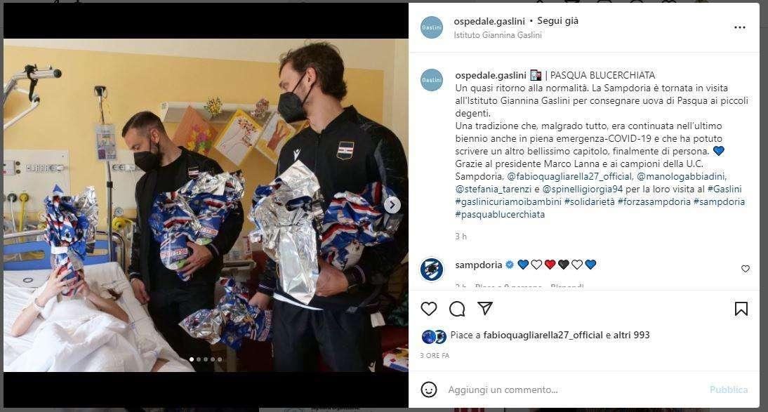 Consegna uova Pasqua, Gaslini: "Grazie al Presidente Lanna e ai campioni della Sampdoria"