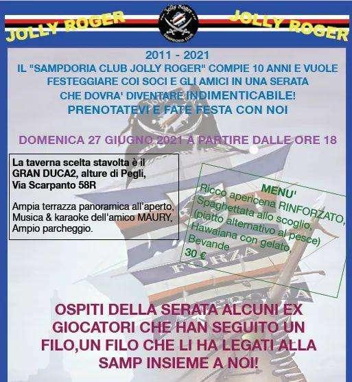 10 anni del Sampdoria Club Jolly Roger: festa il 27 giugno