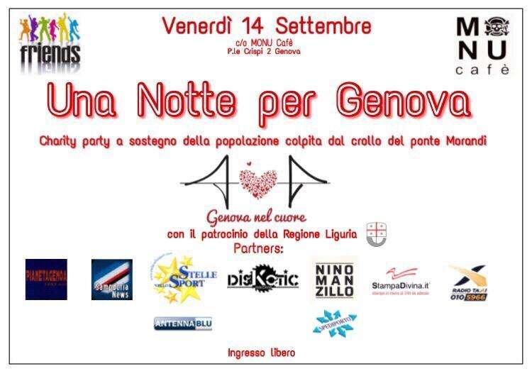 "Una notte per Genova" stasera al Monu Cafè: il partner Sampdorianews.net vi aspetta numerosi!