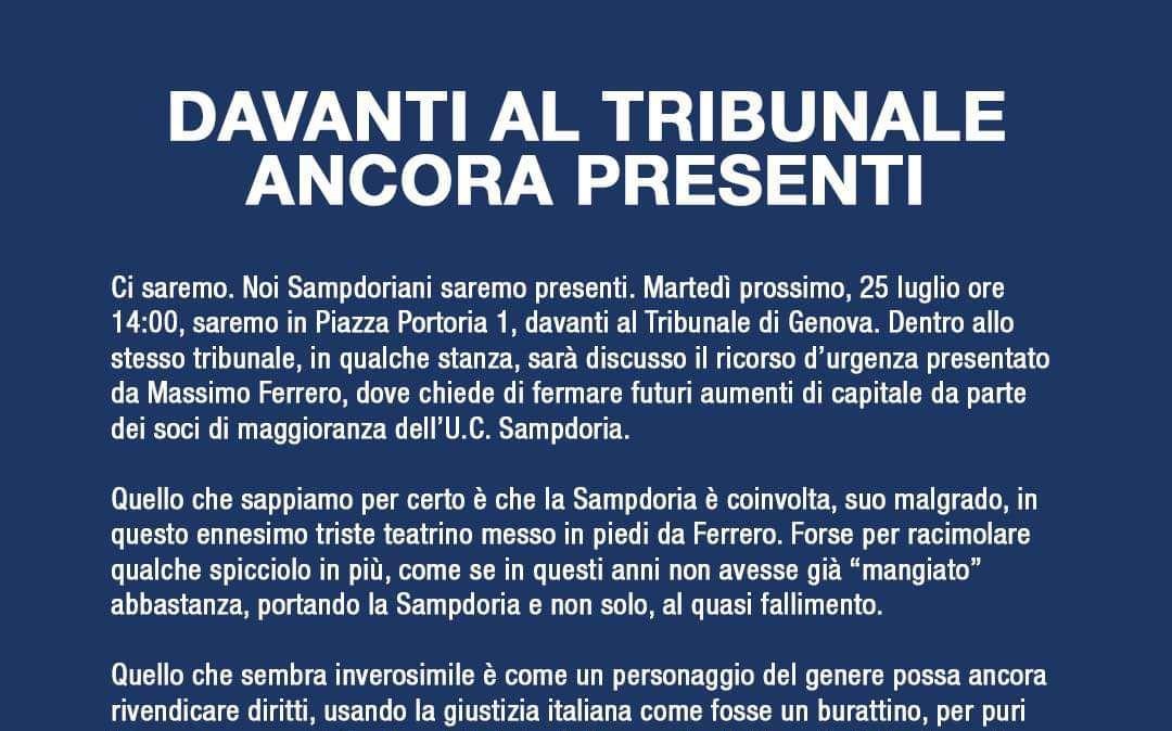 Gruppi della Sud: "Martedì 25 luglio ore 14 davanti al Tribunale di Genova. Noi ci saremo"
