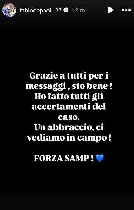 Sampdoria, Depaoli: "Sto bene, ci vediamo in campo"