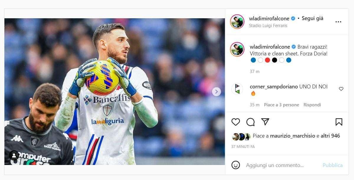 Sampdoria, Falcone: "Bravi ragazzi! Vittoria e clean sheet. Forza Doria!"