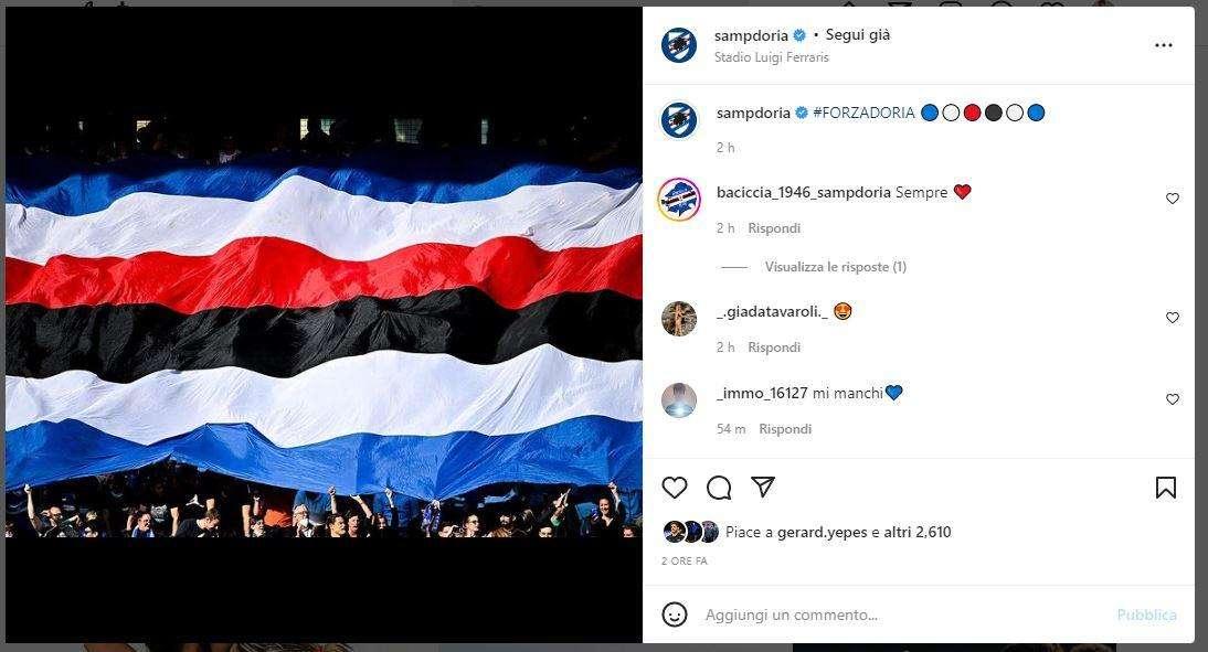 Sampdoria mostra colori sui social: "#FORZADORIA"