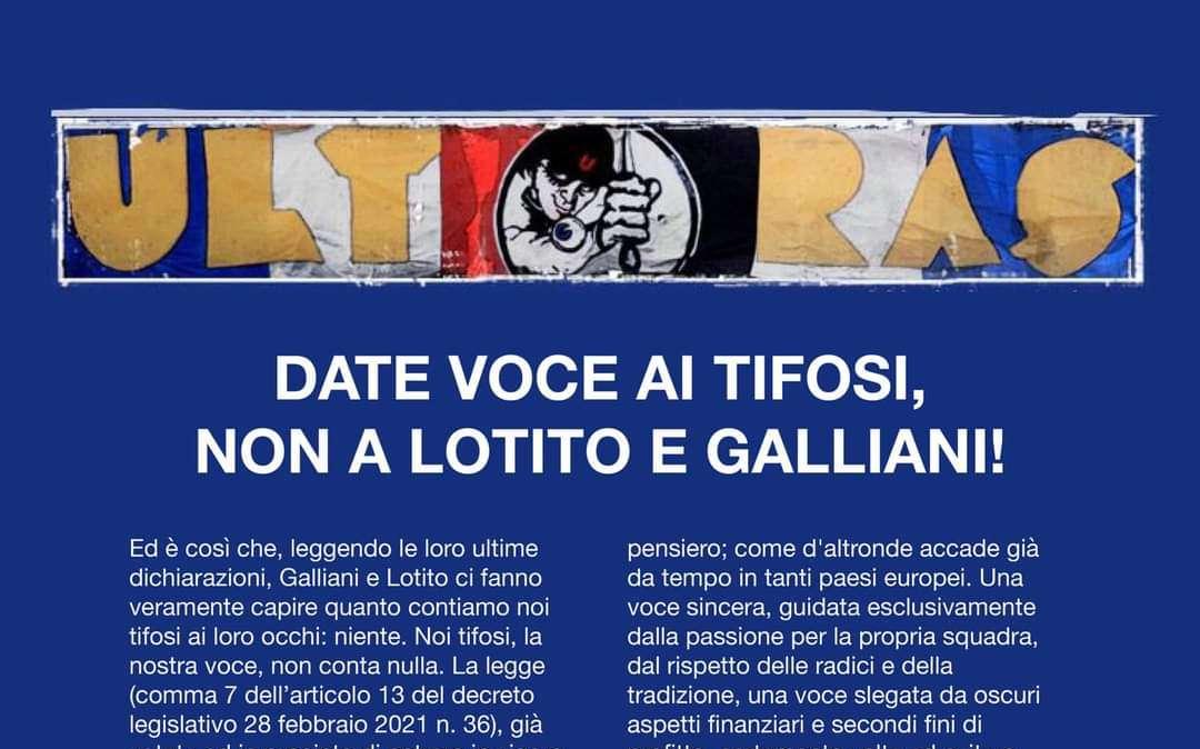 Sampdoria, UTC: "Date voce ai tifosi, non a Lotito e Galliani!"