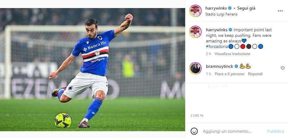 Sampdoria, Winks: "Punto importante, continuiamo a spingere. Tifosi strabilianti"