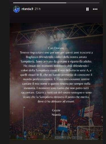 Ex Sampdoria, il saluto di Ntanda: "Momenti indimenticabili, grazie"