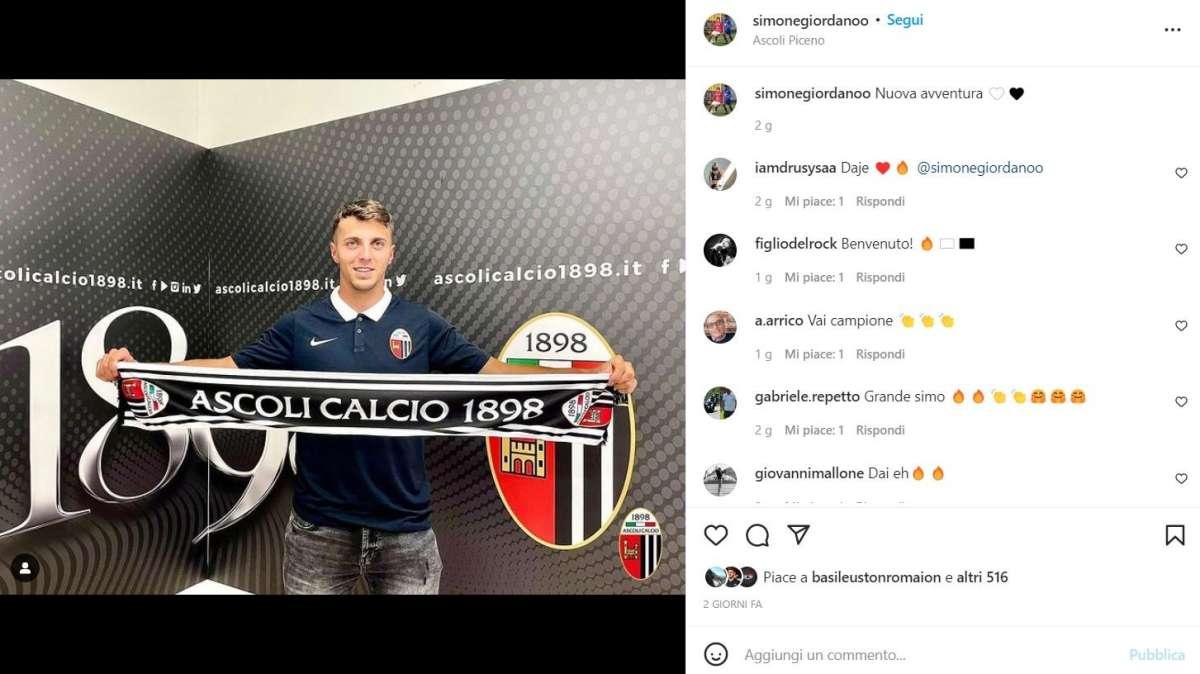 Ascoli, Giordano in prestito dalla Sampdoria: "Nuova avventura"