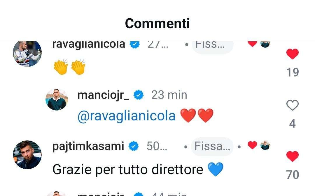 Sampdoria, l'addio di Mancini. L'affetto di Ravaglia, Kasami e Seb. Esposito