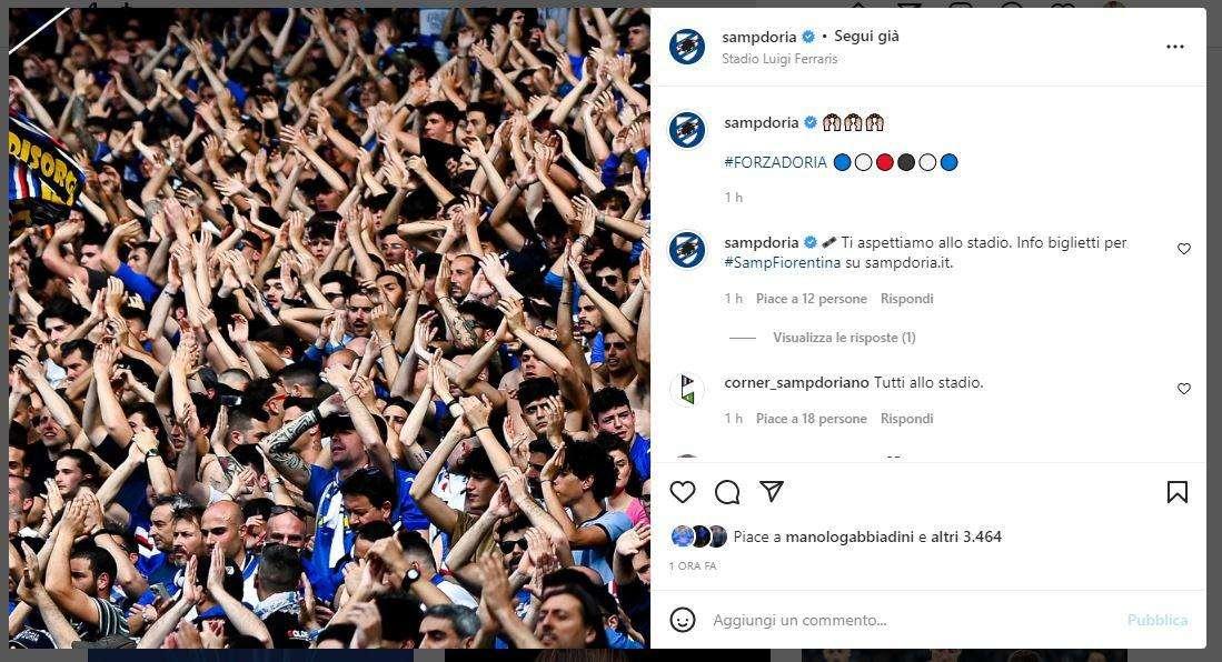 Sampdoria chiama a raccolta tifosi sui social: "Ti aspettiamo allo stadio"