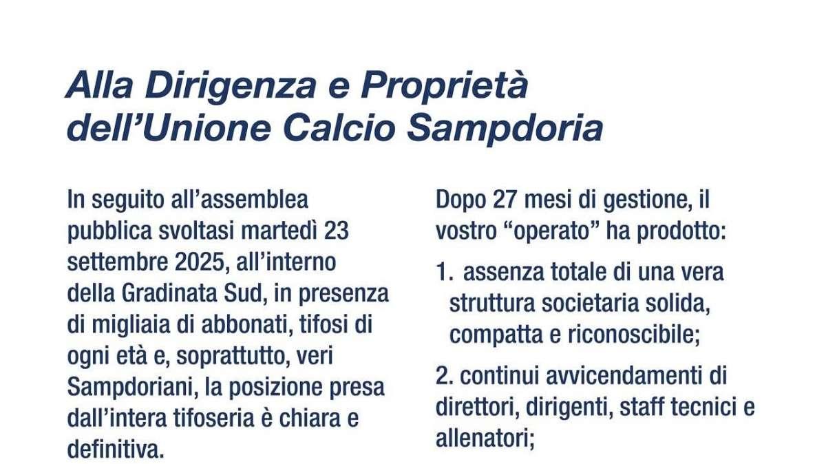 La Sud e Federclubs: "Contro la permanenza di questa società alla guida della Sampdoria"