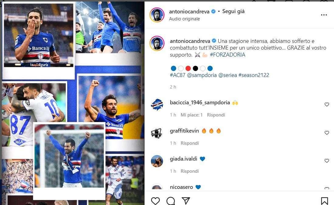 Sampdoria, Candreva: "Sofferto e combattuto tutti insieme. Grazie al vostro supporto"