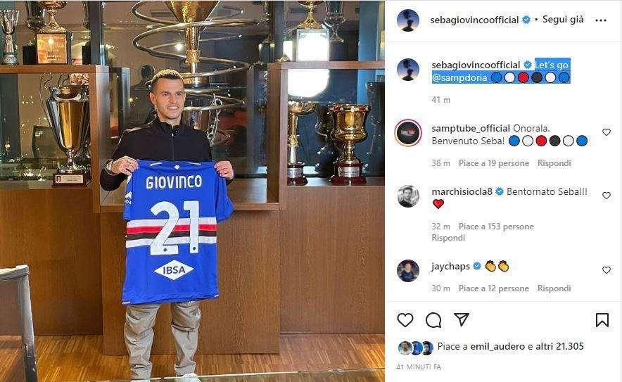 Giovinco posa con la maglia sui social: "Let's go Sampdoria"