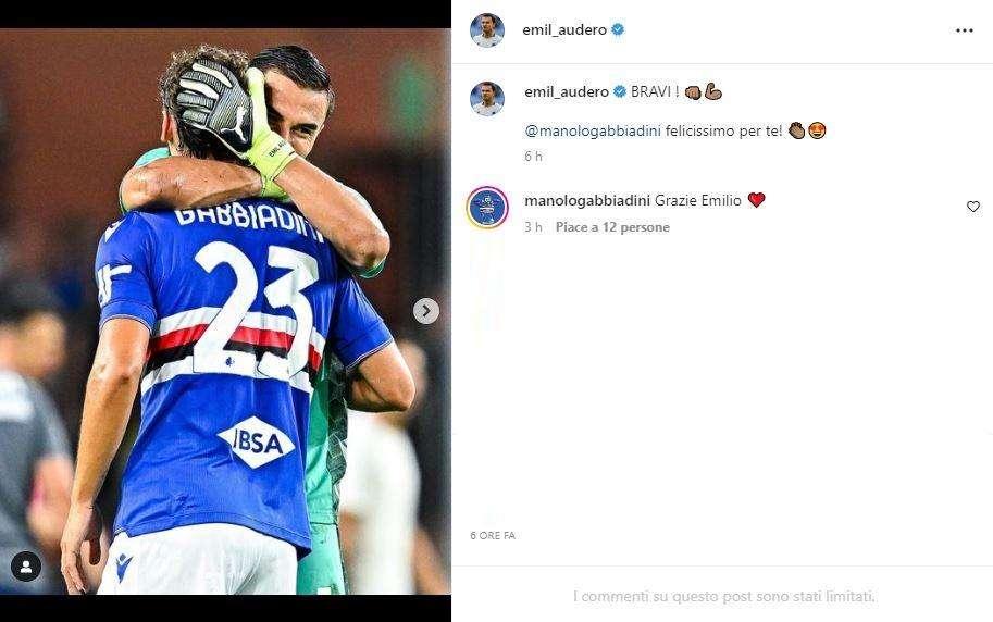 Sampdoria, Audero festeggia Gabbiadini: "Bravi! Manolo felicissimo per te!"
