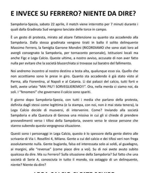 Protesta tifosi Sampdoria in Lega, il comunicato dei Gruppi della Sud