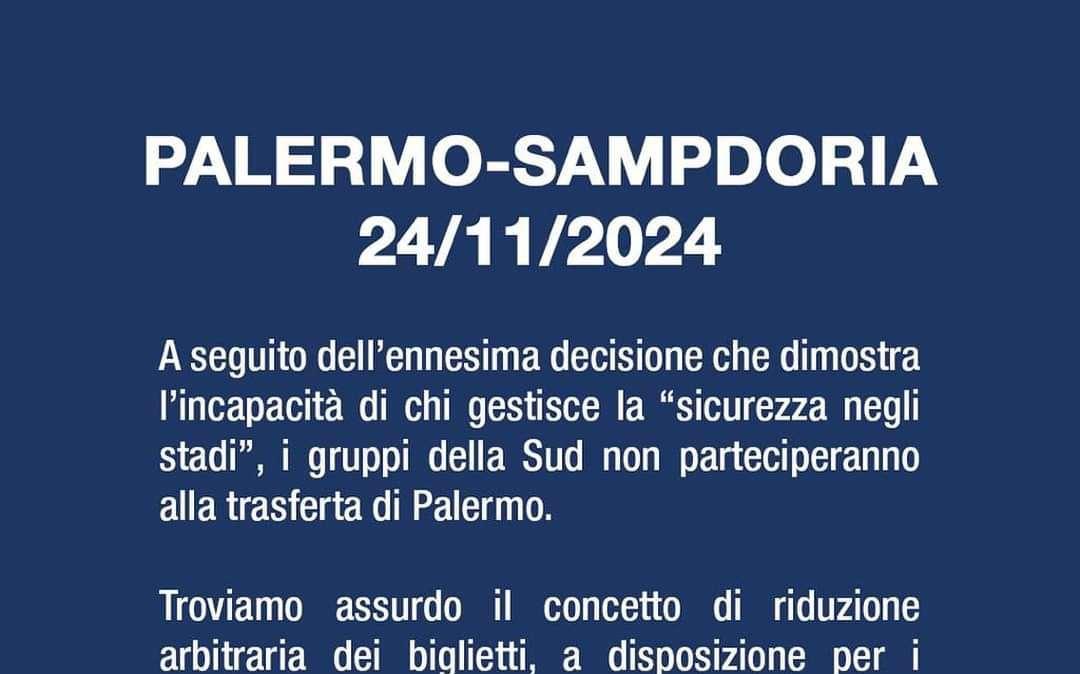 Palermo - Sampdoria, comunicato gruppi della Sud: "Basta restrizioni"