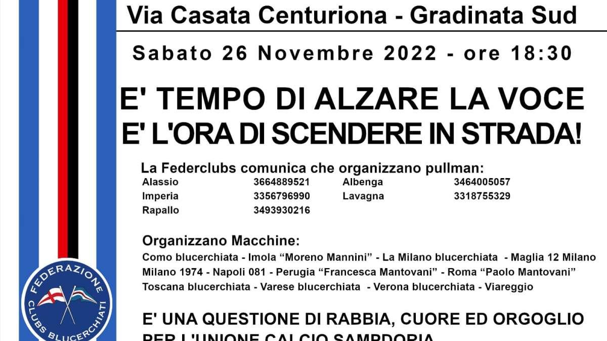 Manifestazione 26/11, Federclubs: "La NOSTRA Sampdoria è stata tradita. Al suo fianco io sarò"