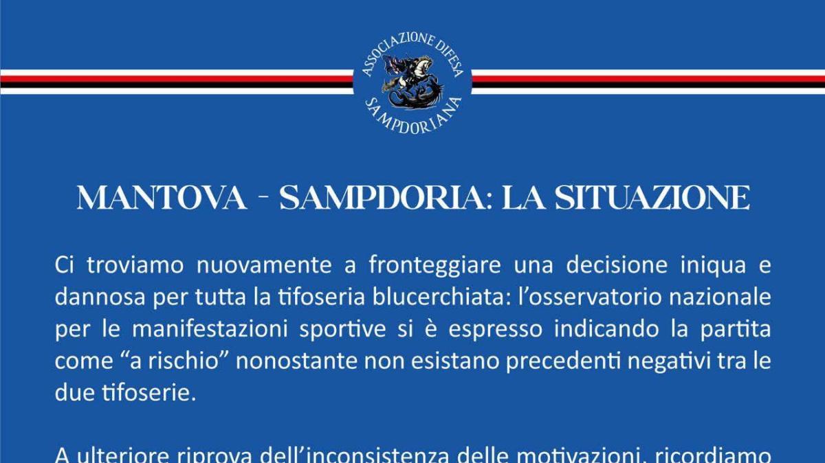 Restrizioni Mantova - Sampdoria, il comunicato Associazione Difesa Sampdoriana