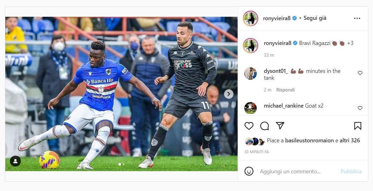 Sampdoria, Vieira festeggia la vittoria: "Bravi Ragazzi +3"