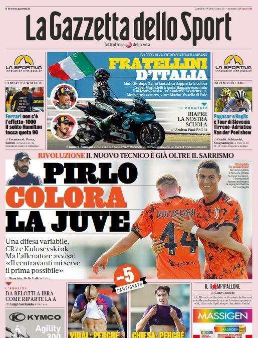 La Gazzetta dello Sport in apertura: "Pirlo colora la Juve"