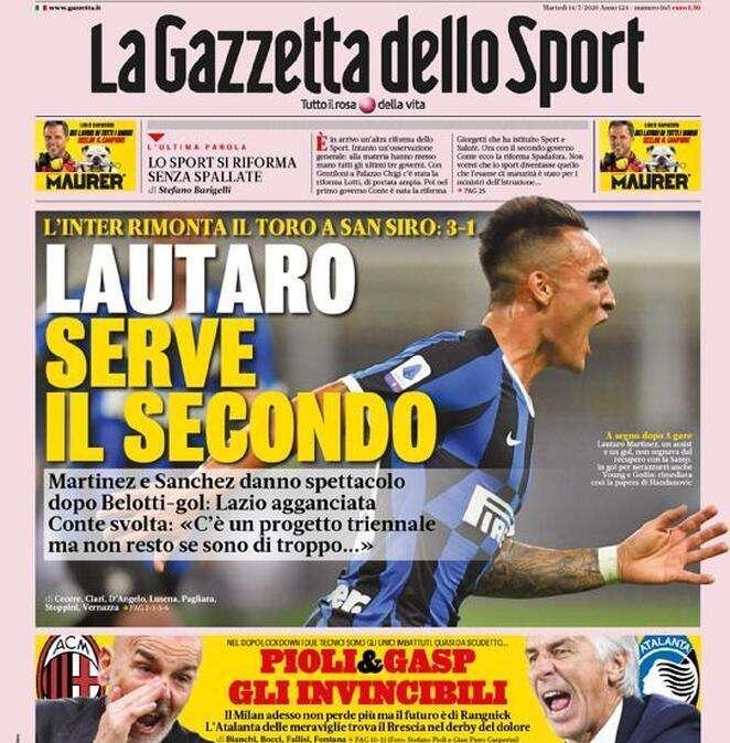 La Gazzetta dello Sport in apertura sull'Inter: "Lautaro serve il secondo"