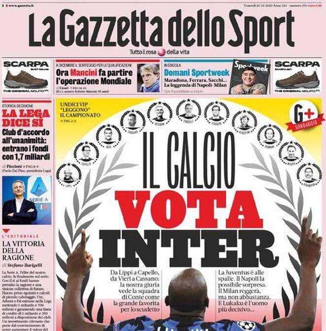 La Gazzetta dello Sport in apertura: "Il calcio vota Inter"