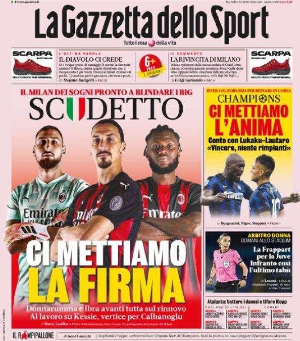 La Gazzetta dello Sport in apertura sul Milan "Scudetto ci mettiamo la firma"