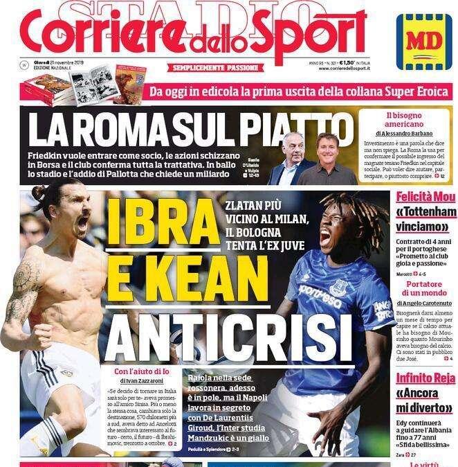 La prima pagina del Corriere dello Sport: "Ibra e Kean anticrisi"