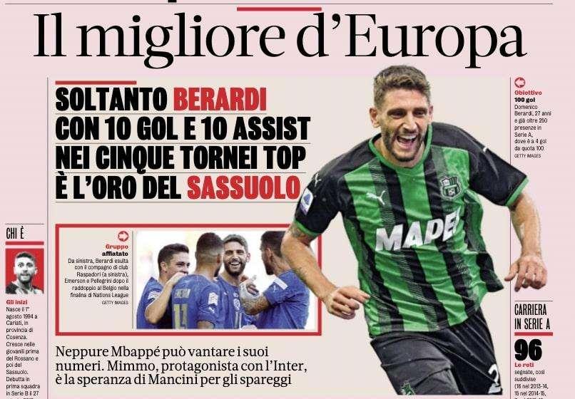 Berardi il migliore d'Europa: La Gazzetta esalta l'attaccante del Sassuolo