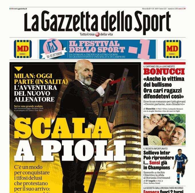 La Gazzetta dello Sport in prima pagina: "Scala a Pioli"
