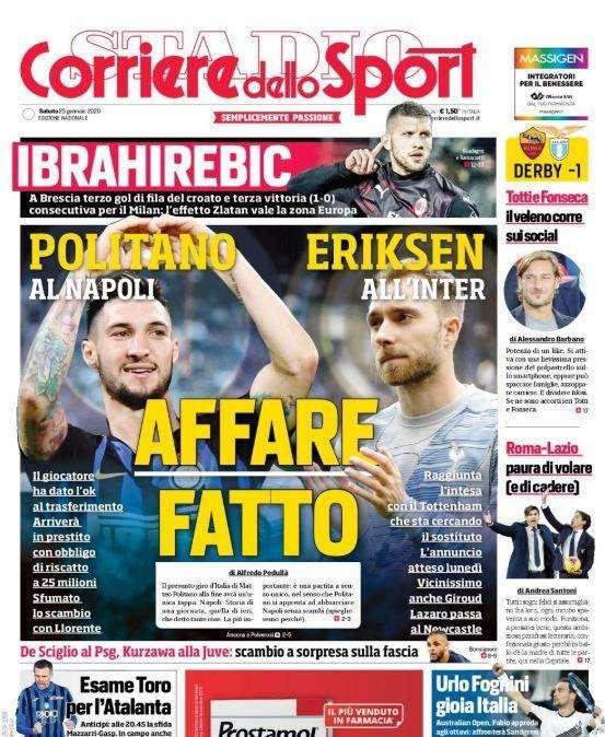 Corriere dello Sport in apertura su Politano-Eriksen: "Affare fatto"