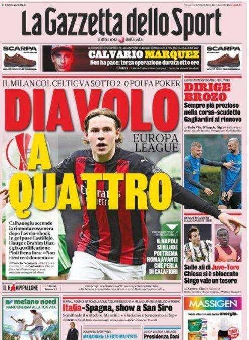 La Gazzetta dello Sport in apertura sul Milan: "Diavolo a quattro"